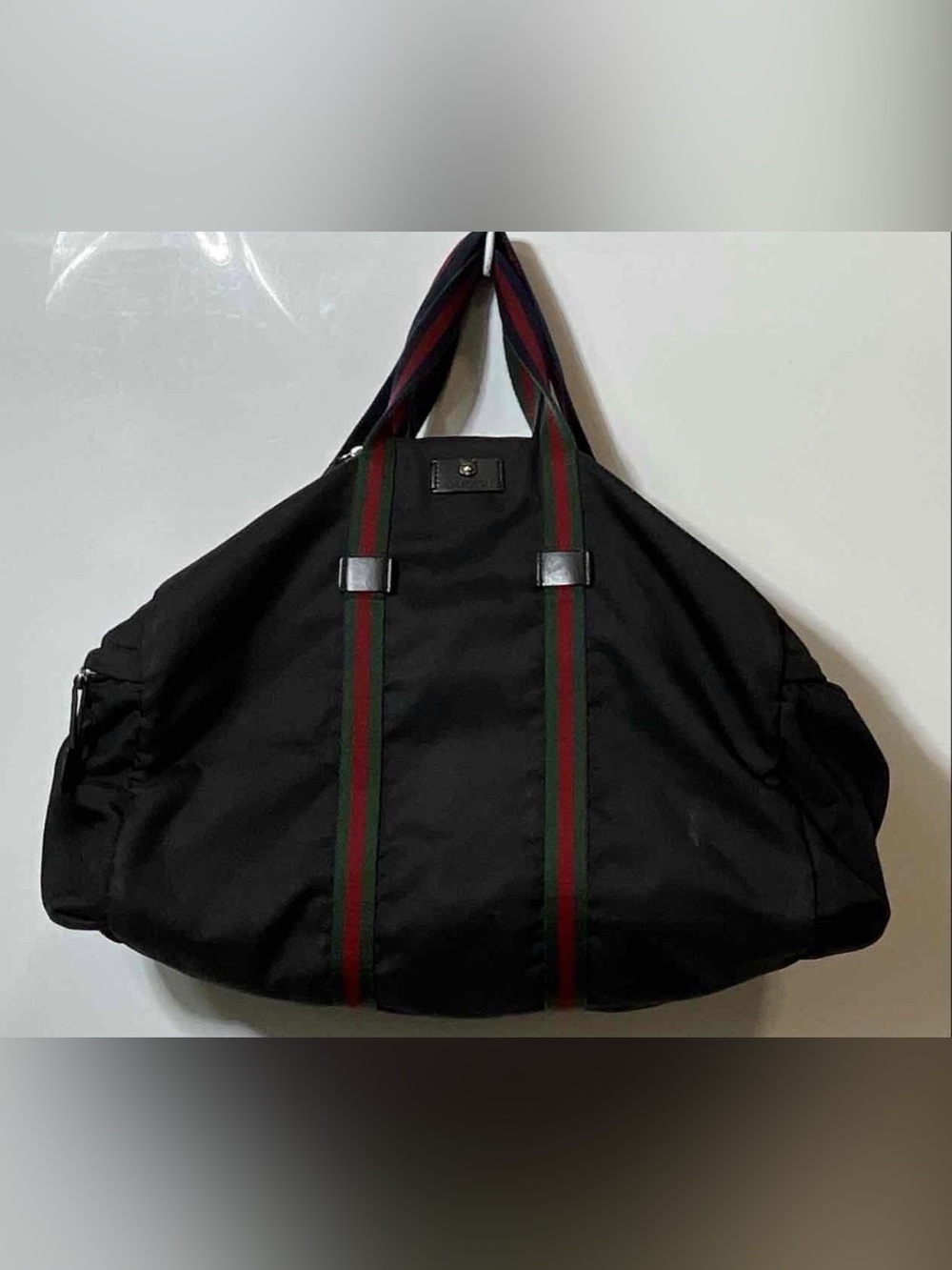 Black Unisex Gucci Top Handle Travel Bag with Red-Green Stripe